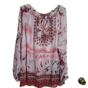 Jennifer Lopez Sheer Boho Top Coral Red Cold Sholder Size 2X